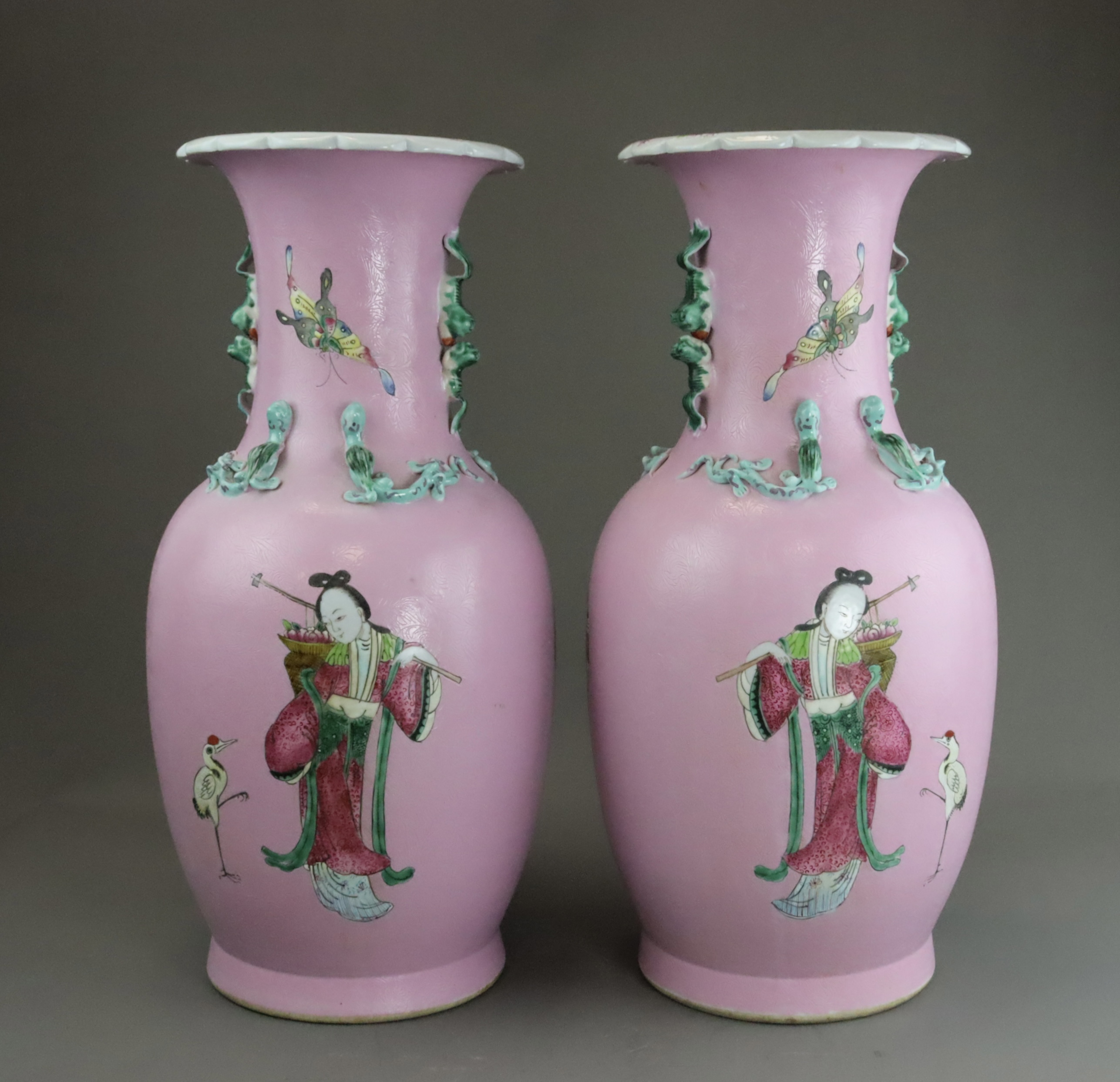 A Good Pair of Pink ground Vases with Immortals, 19th century, - Image 2 of 14