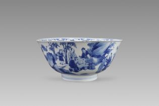 A Blue and White Bowl with Scholars, six character Kangxi mark and of the period