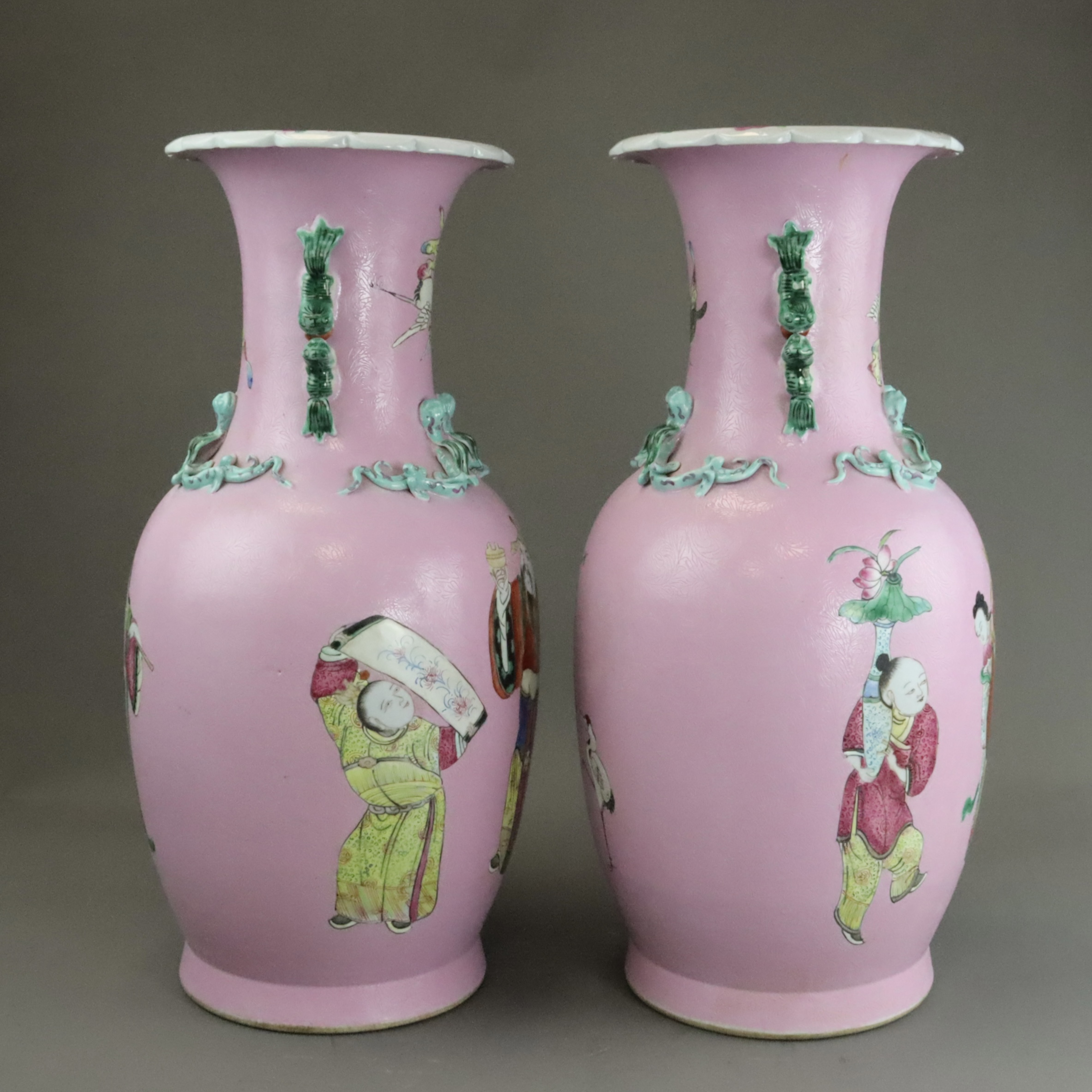 A Good Pair of Pink ground Vases with Immortals, 19th century, - Image 3 of 14