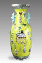 A Large Yellow Ground Moulded Vase, 19th century,