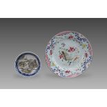 A 'famille rose' Floral Plate and A Blue and White and Grisaille-decorated Landscape Saucer, Yongzhe