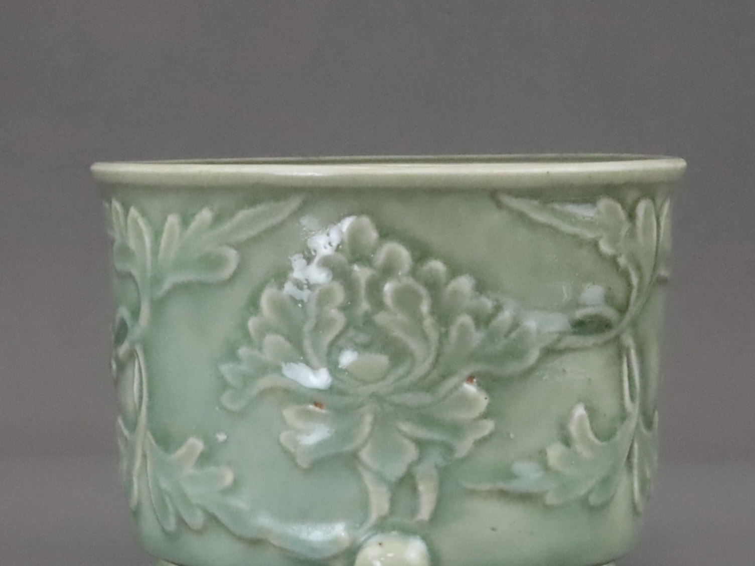 A Longquan Celadon Peony Tripod Censer, early Ming dynasty,  - Image 4 of 14