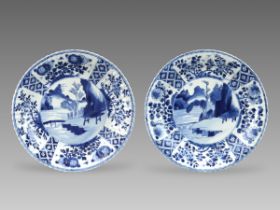 A Pair of Blue and White Dishes with Landscapes, Kangxi,
