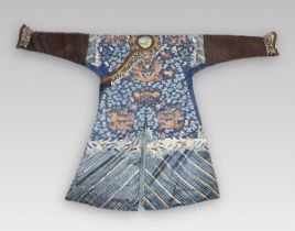 A Blue ground Embroidered Nine Dragon Robe, Jifu, c. 1900,