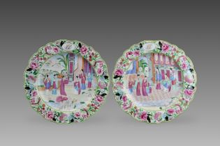 A Pair of Canton 'famille rose' Plates with Figures,