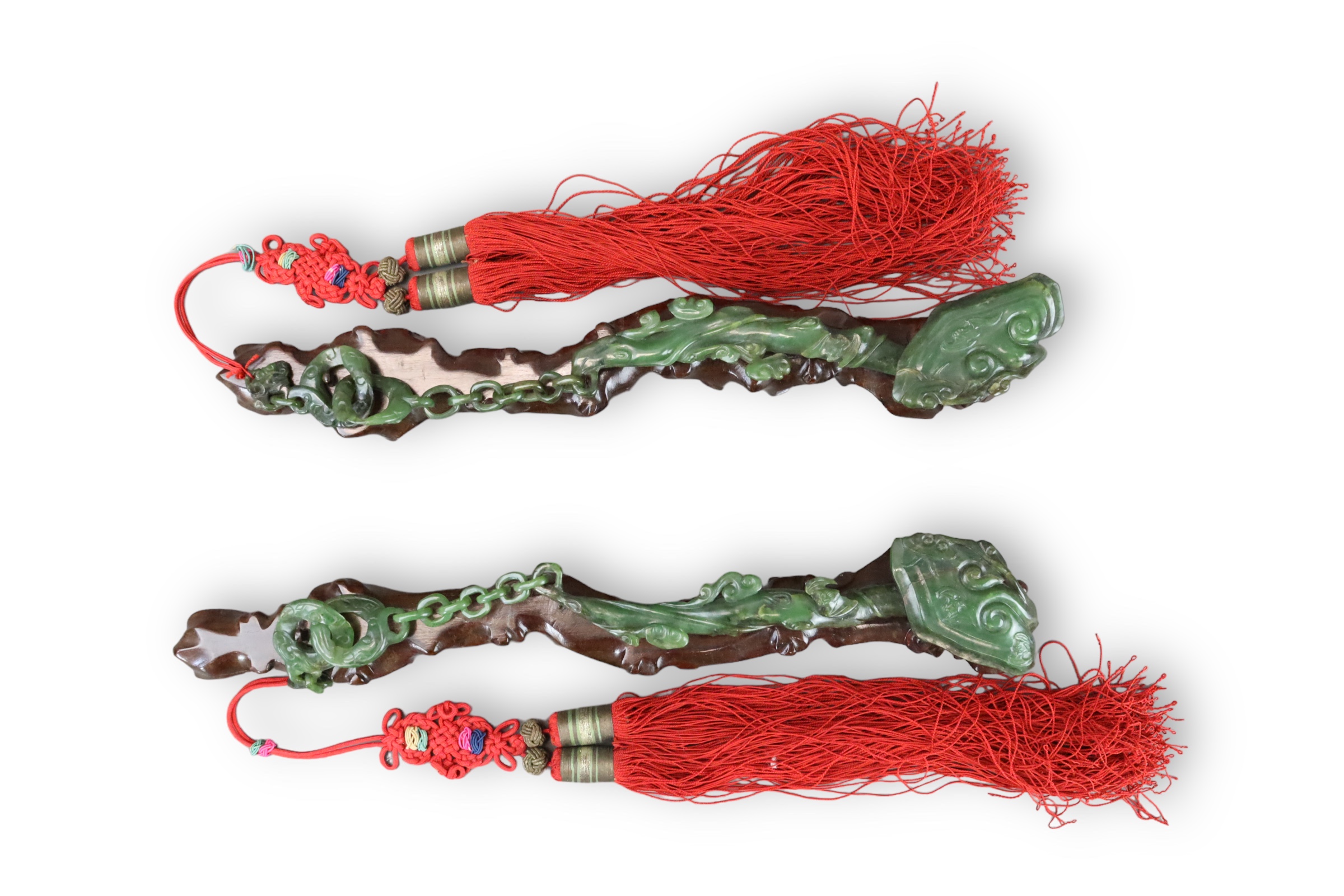 A Pair of Spinach Jade Ruyi Sceptres, c.1900