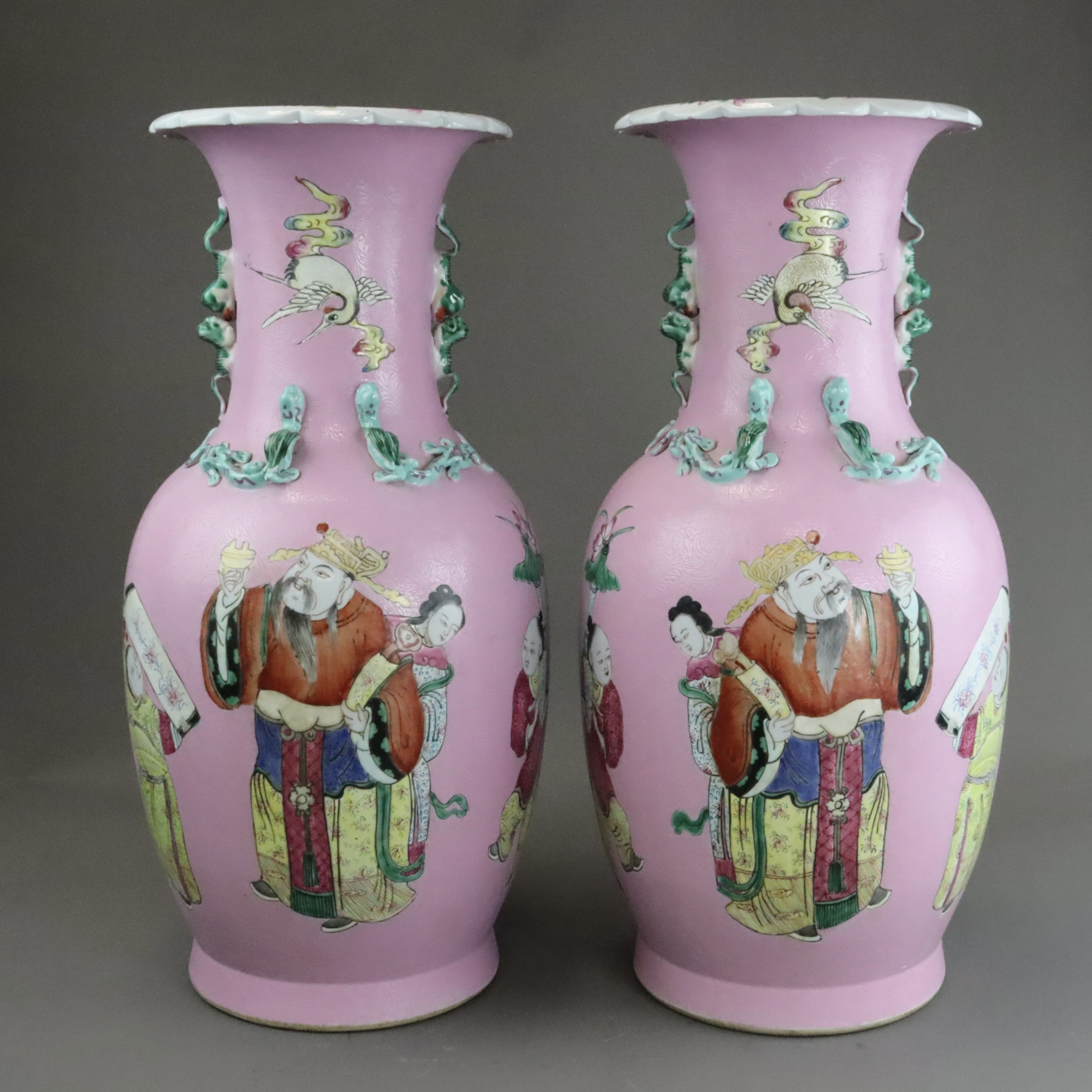 A Good Pair of Pink ground Vases with Immortals, 19th century, - Image 6 of 14