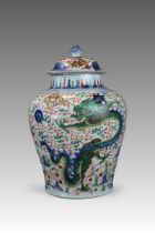 A Striking Wucai Baluster Dragon Jar and Cover, Shunzhi,