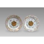 A Pair of 'famille rose' English decorated Plates, Qianlong