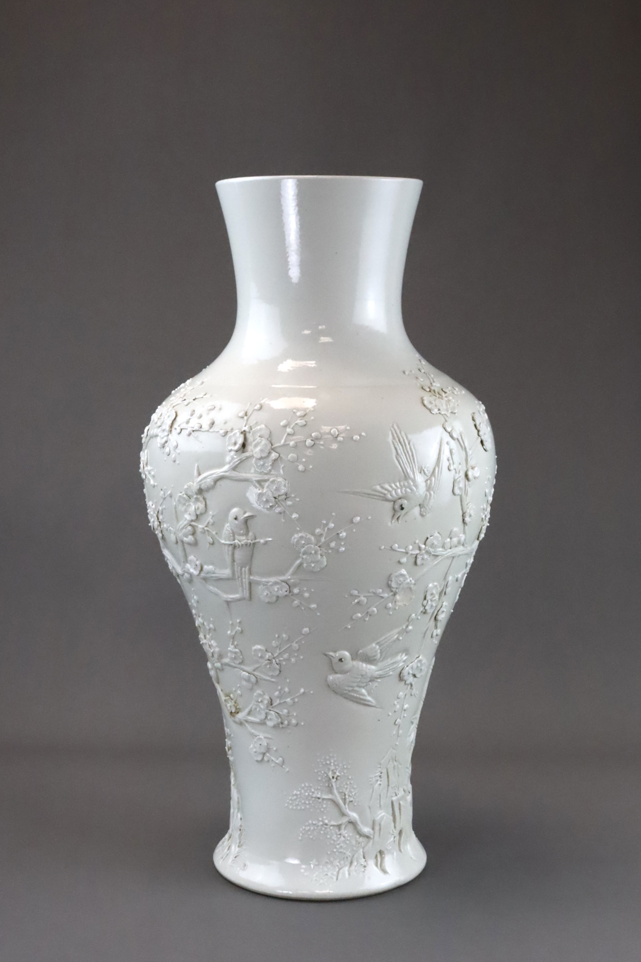 A Large White glazed Wang Bingrong type Bird and Flower Vase, late Qing dynasty, - Image 2 of 8