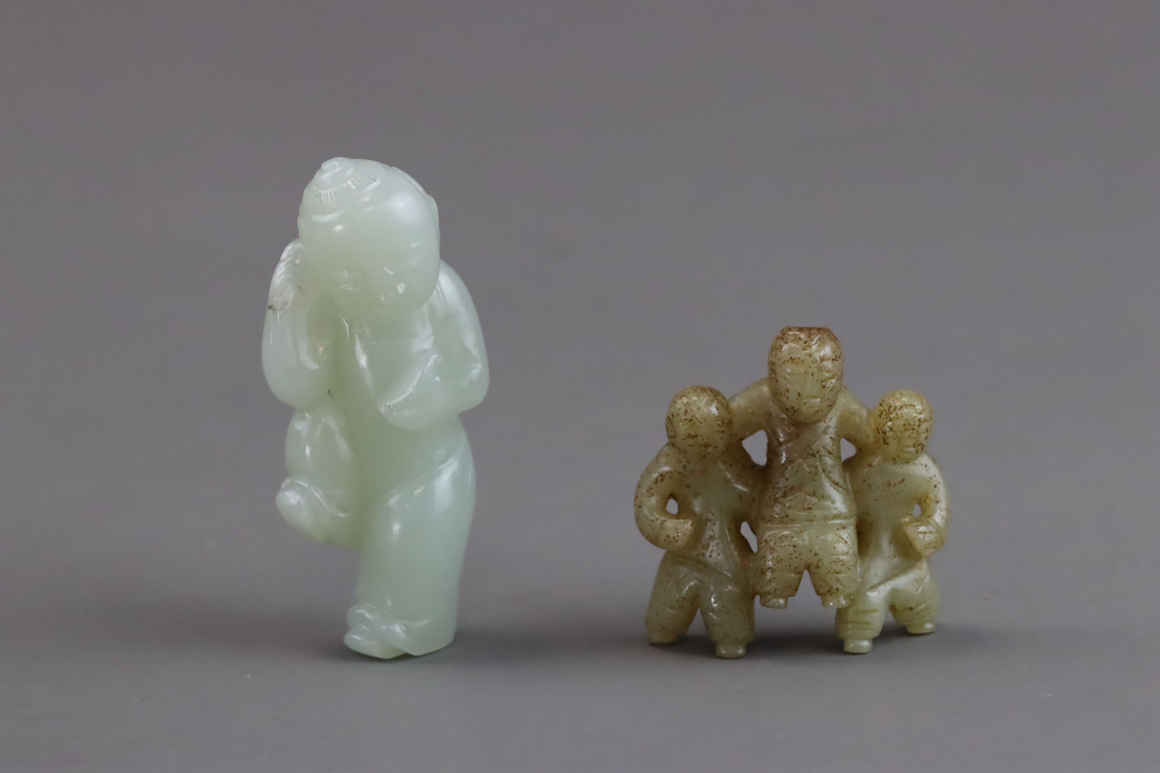 A Pale Celadon Jade Boy, and a Brown Jade Three Boy Group, Qianlong and earlier, - Image 4 of 13