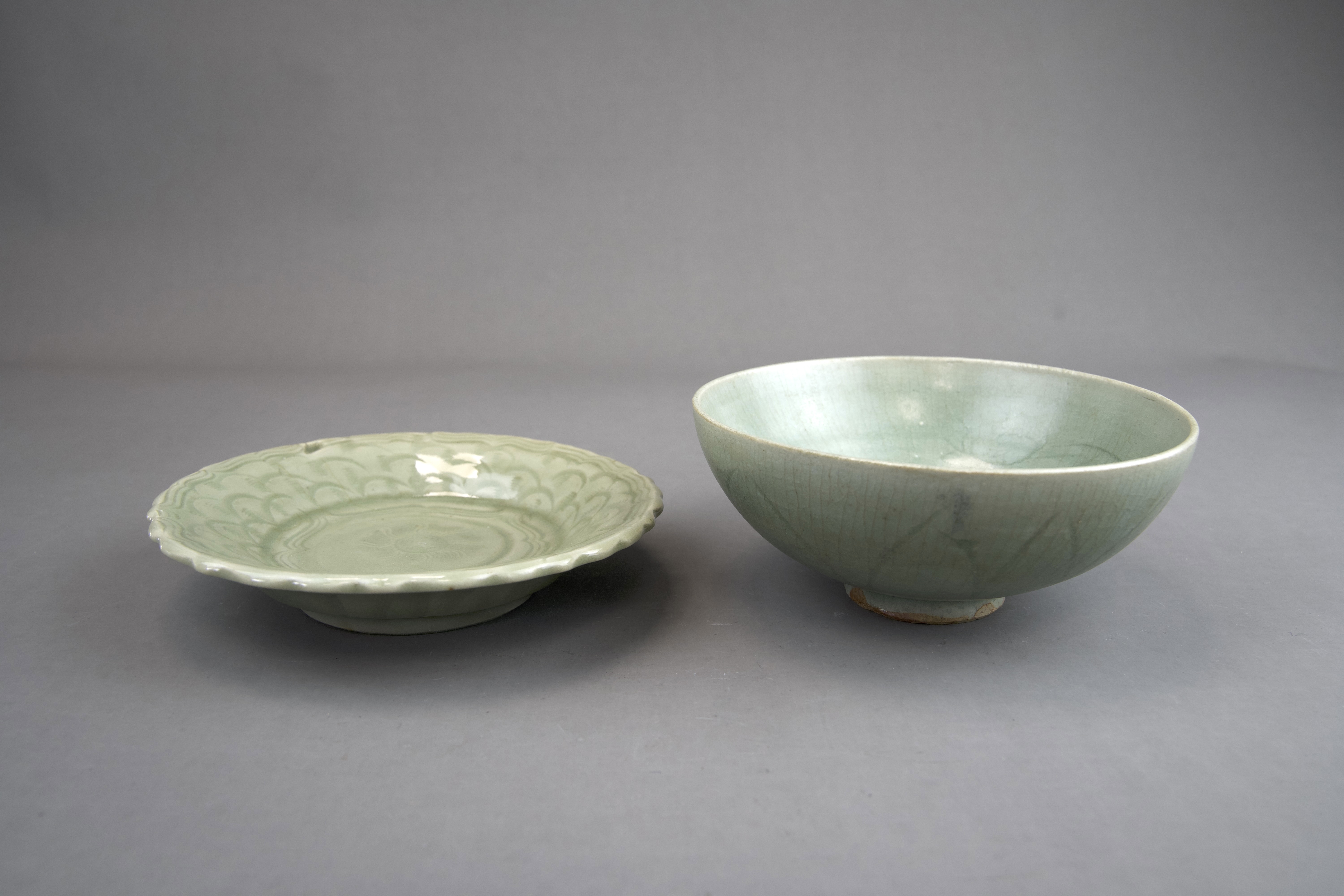 A Carved Celadon Dish and Bowl, Song dynasty and later - Image 4 of 7