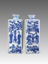 A Good Pair of Blue and White Square Bottles with Ladies, Kangxi,