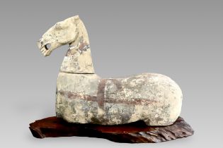 A Painted Pottery Horse with wood stand, Han dynasty