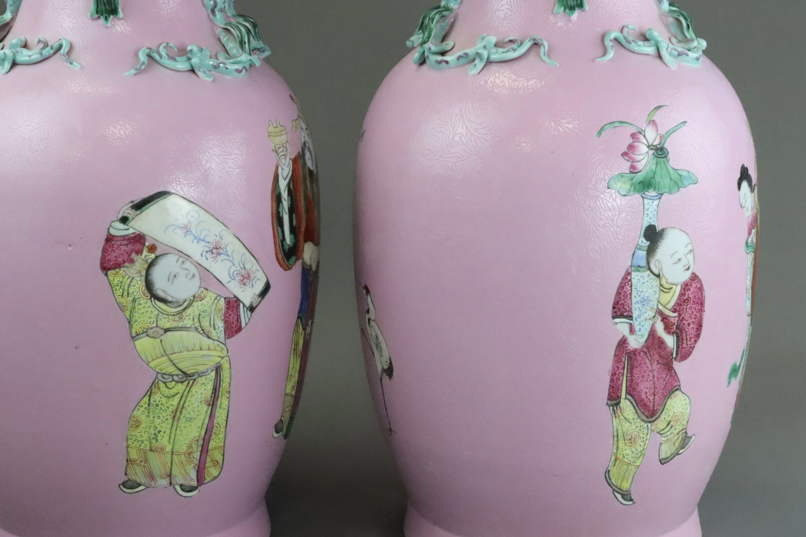 A Good Pair of Pink ground Vases with Immortals, 19th century, - Image 4 of 14