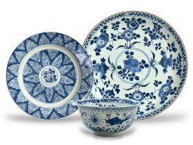 Two Blue and White dishes and one small cup. Kangxi.