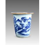 A Blue and White Deep Plant Pot with Landscapes, 18th century,