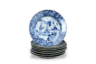 A Set of Eight Blue and White Dishes with Figures, first half 18th century