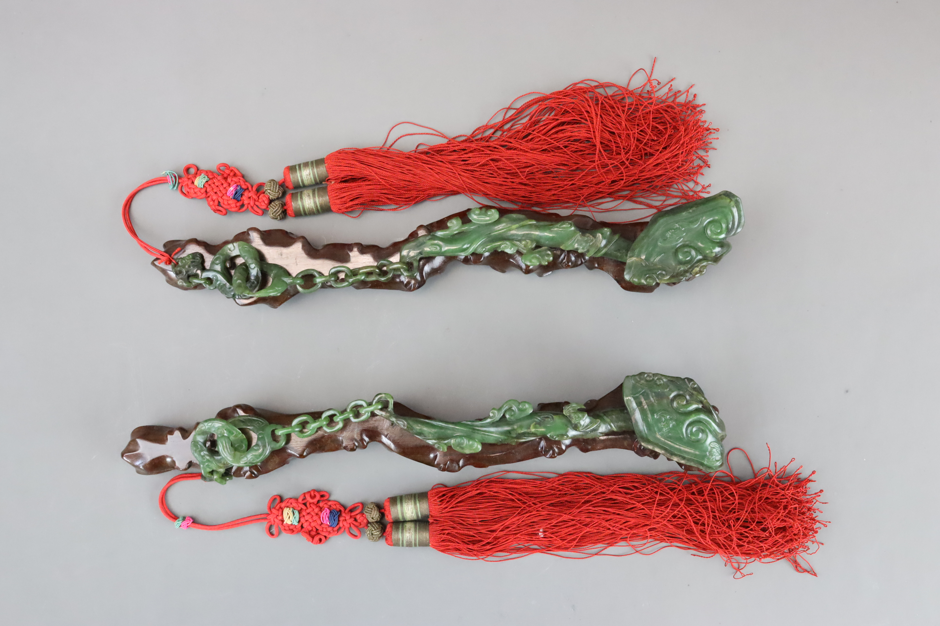 A Pair of Spinach Jade Ruyi Sceptres, c.1900 - Image 2 of 10