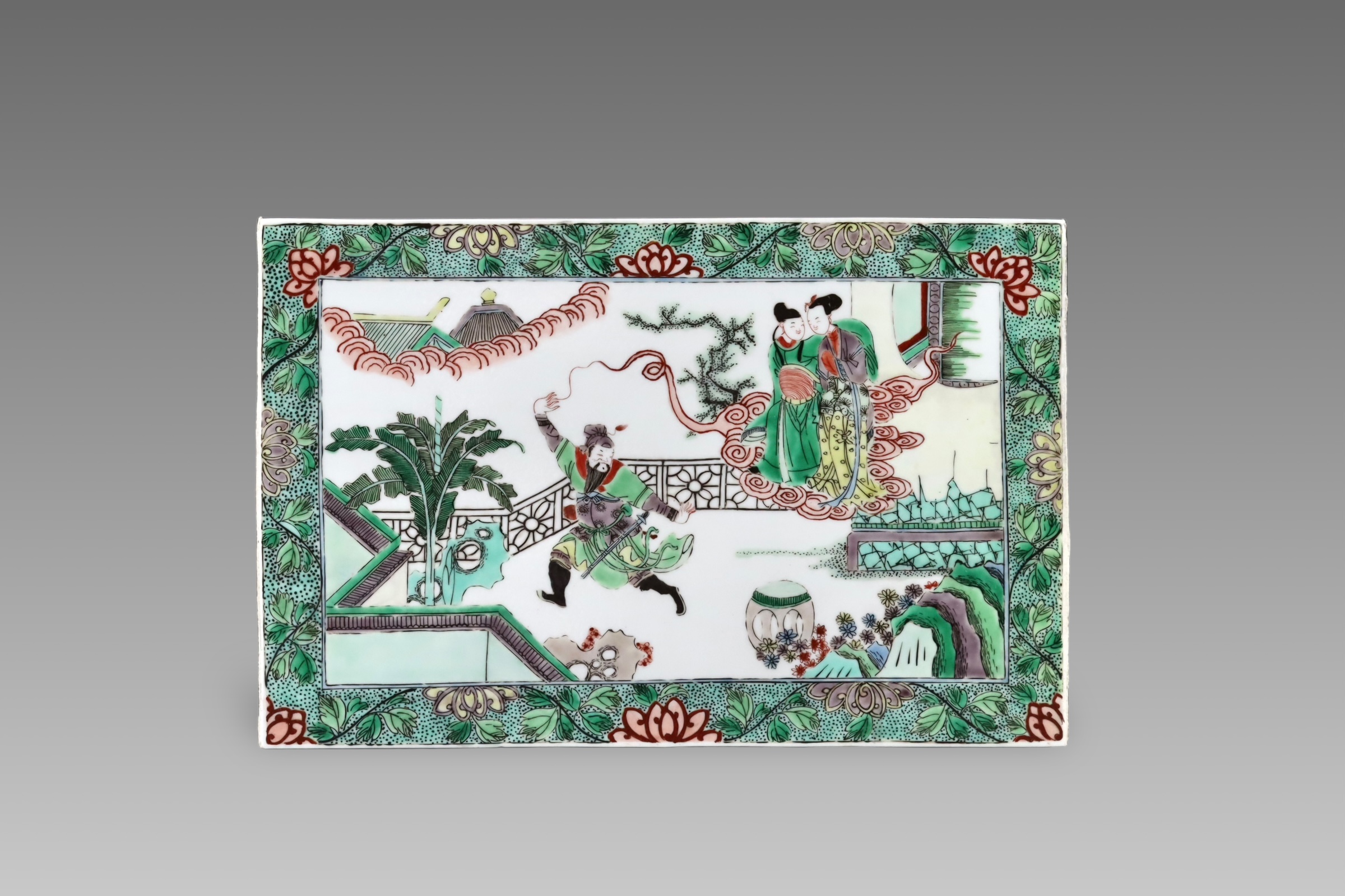 A Rectangular 'famille verte' Plaque with Figures, late Qing dynasty,