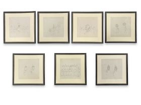 A Set of Seven Chinese Export Ink Drawings of Figures from a Procession, c.1800
