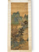 A Hanging Scroll on silk of a Blue and Green Landscape