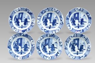 A Set of 6 Blue and White Figural Plates, Kangxi