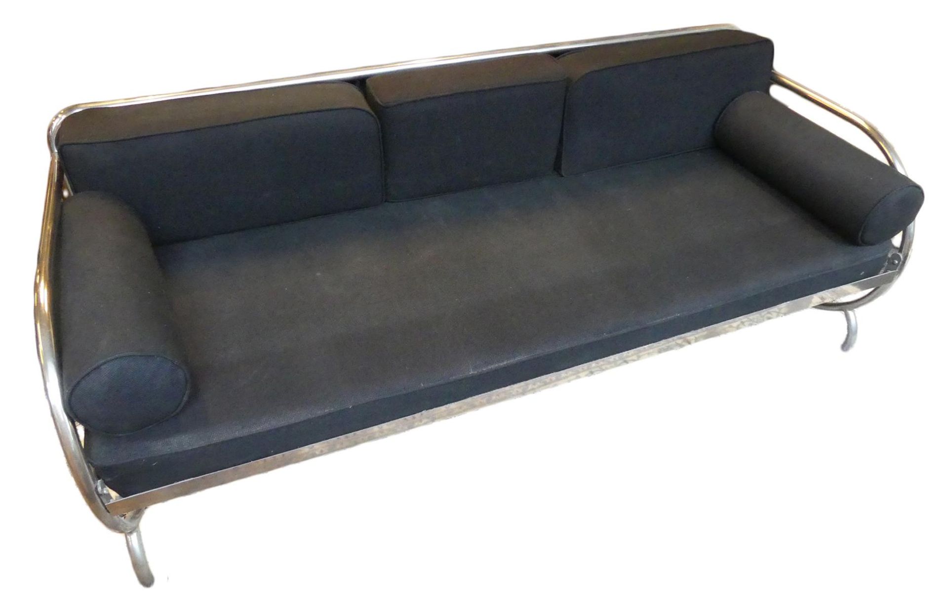 Sofa, Art Deco Design, Metallrahmen, schwarzer Stoffbezug/Kissen,