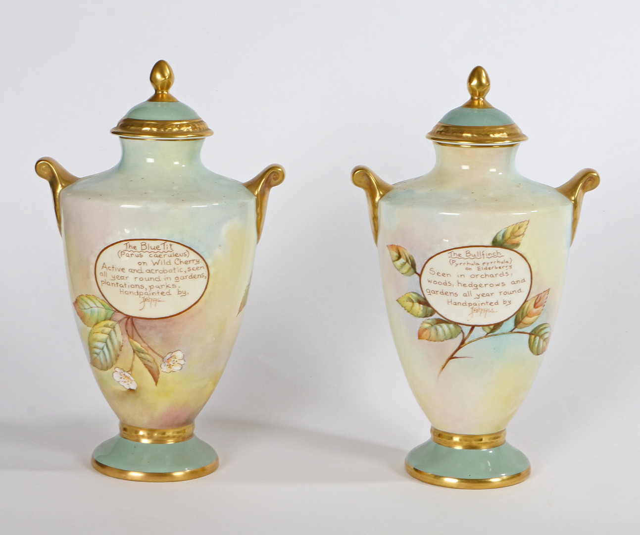 A PAIR OF AYNSLEY 'FINE ART COLLECTION' PORCELAIN, TWIN HANDLED LIDDED VASES. - Image 2 of 5