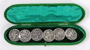 A CASED SET OF SIX EDWARDIAN SILVER BUTTONS, NATHAN & HAYES, CHESTER.