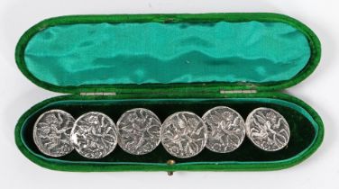 A CASED SET OF SIX EDWARDIAN SILVER BUTTONS, NATHAN & HAYES, CHESTER.