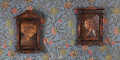 A NEAR PAIR OF 16TH CENTURY STYLE PLASTER PANELS.