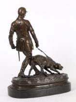 AFTER PIERRE JULES MENE (1810-1879) HUNTSMAN AND DOG, BRONZE WITH BROWN PATINA.