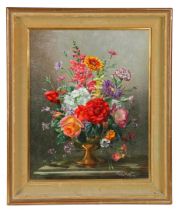 ALBERT WILLIAMS (BRITISH,B.1922) STILL LIFE OF MIXED FLOWERS IN A VASE.