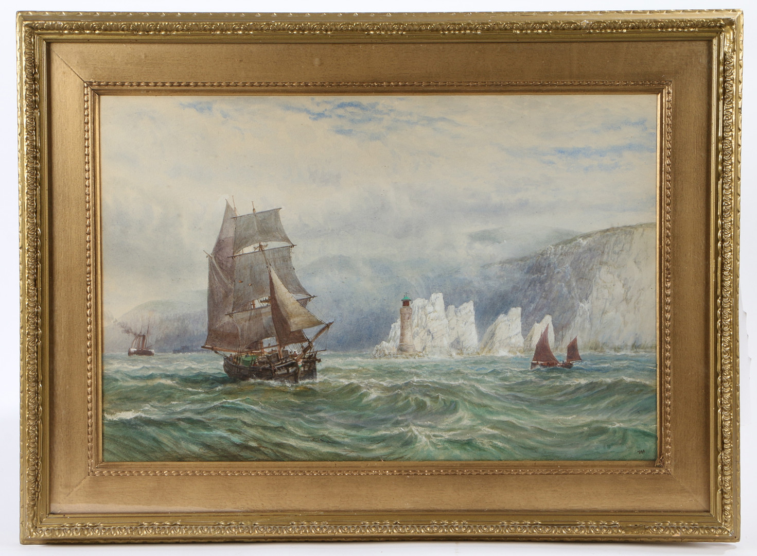 W.D (BRITISH,19TH CENTURY) SHIPPING OFF A COAST WITH LIGHTHOUSE.