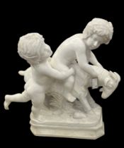 A LARGE EARLY 20TH CENTURY ITALIAN CARRARA MARBLE CARVED SCULPTURE DEPICTING A BACCHANAL OF TWO PUTT