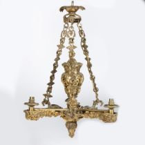 A REGENCY GILT BRASS THREE LIGHT COLZA CHANDELIER.