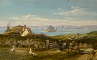 JOHN MULCASTER CARRICK (BRITISH, 1833-1896) FIGURES AND GEESE BY A GATE, ST MICHAELS.