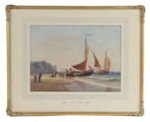 JOHN CANTILOE JOY (1806-1857) BEACH SCENE WITH FISHING BOATS AND FIGURES.