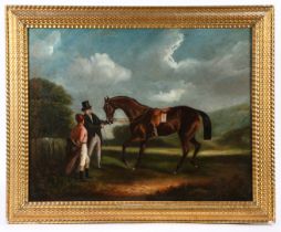 ENGLISH SCHOOL (19TH CENTURY) RACEHORSE WITH JOCKEY AND TRAINER.