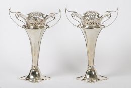 A LARGE PAIR OF ART NOUVEAU SILVER VASES, WALKER AND HALL, CHESTER 1907, 31.3OZ, 32CM HIGH (2).