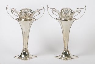 A LARGE PAIR OF ART NOUVEAU SILVER VASES, WALKER AND HALL, CHESTER 1907, 31.3OZ, 32CM HIGH (2).