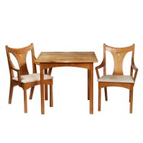 ANDREW BECKWITH GOTHIC REVIVAL TABLE AND TWO ARMCHAIRS.