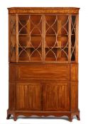 A GOOD QUALITY LATE 19TH CENTURY MAHOGANY, CHEQUER-STRUNG AND BOXWOOD INLAID ESCRITOIRE BOOKCASE BY
