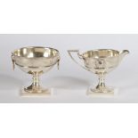 A REGENCY STYLE SILVER SUGAR BOWL AND CREAM JUG. J.TOSTRUP, OSLO 1914, 403 GRAMS, 19CM HIGH.