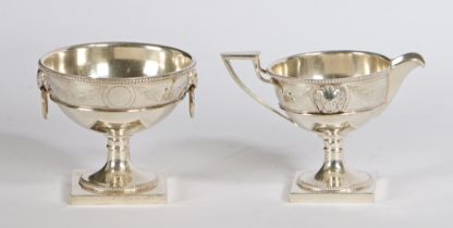 A REGENCY STYLE SILVER SUGAR BOWL AND CREAM JUG. J.TOSTRUP, OSLO 1914, 403 GRAMS, 19CM HIGH.