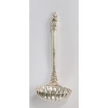 A VERY UNUSUAL SMALL SILVER LADLE WITH AN 'APOSTLE' FINIAL, AN INVERTED WOLF HEAD.