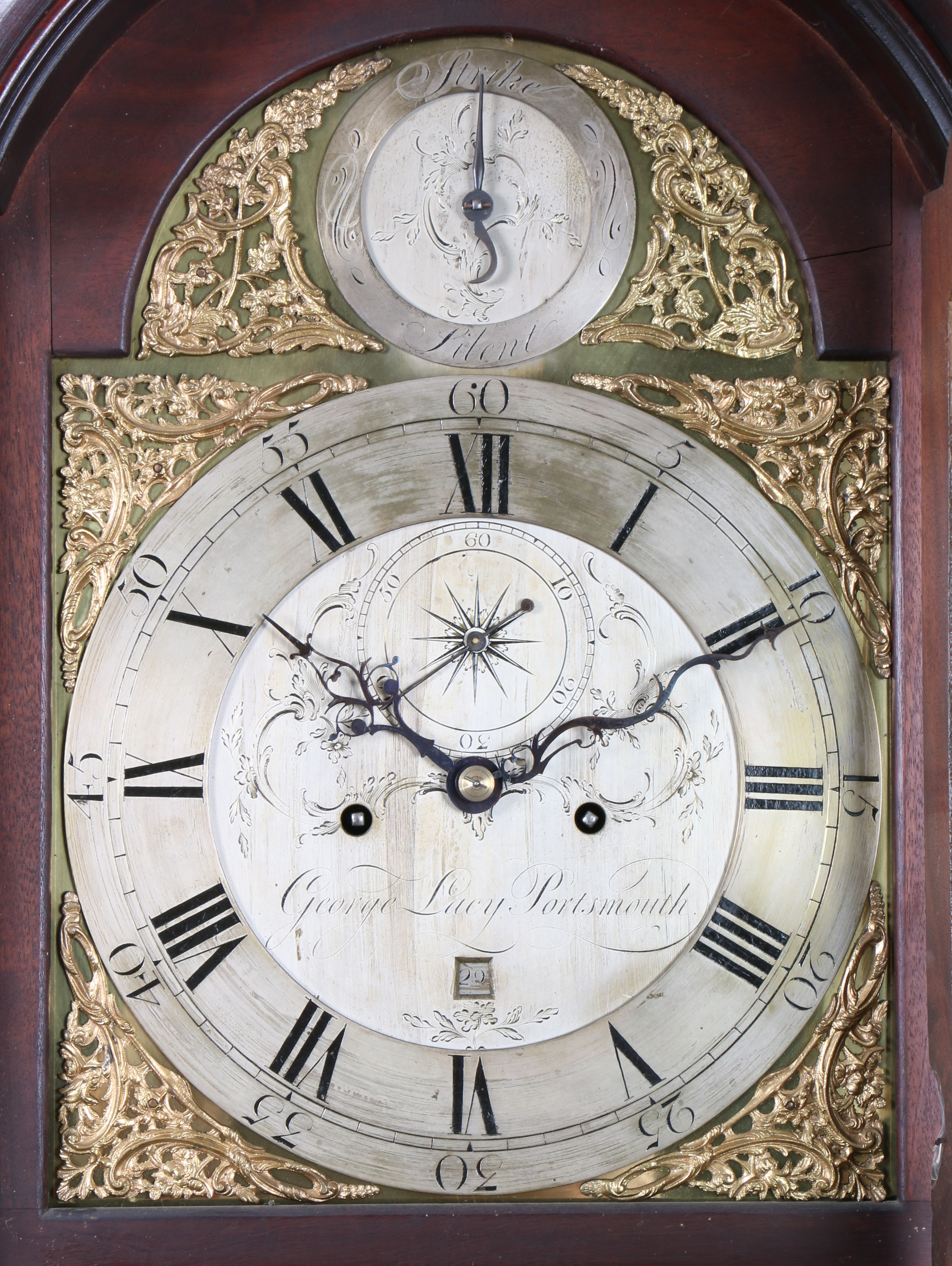 A LATE 18TH CENTURY MAHOGANY 8 DAY LONGCASE CLOCK BY GEORGE LACY OF PORTSMOUTH. - Image 2 of 2