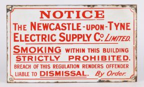 AN EARLY TO MID 20TH CENTURY NEWCASTLE-UPON-TYNE ELECTRICAL SUPPLY CO. LTD. NO SMOKING SIGN.