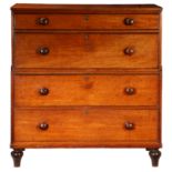 A 19TH CENTURY MAHOGANY CAMPAIGN CHEST OF DRAWERS.